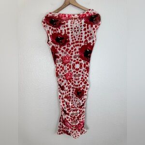 Fuzzi JPG Jean Paul Gaultier Vintage Floral Mesh Ruched Midi Dress Red White